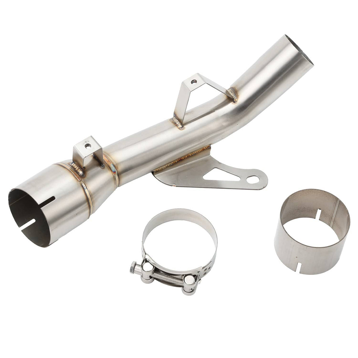 Stainless slip-on mid link exhaust pipe with mounting brackets and slip coupler rings