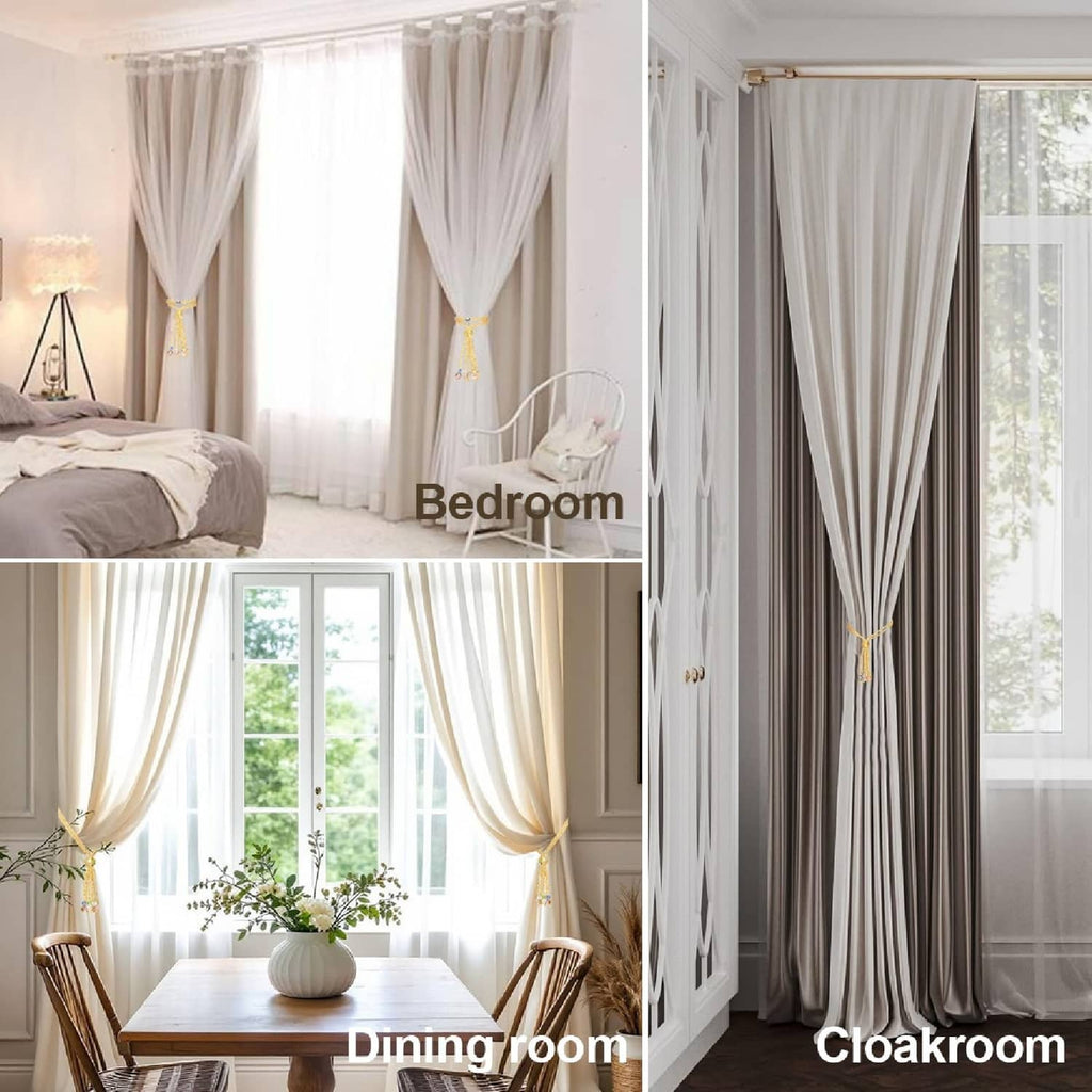 Gold crystal beaded magnetic curtain tiebacks holding sheer curtains