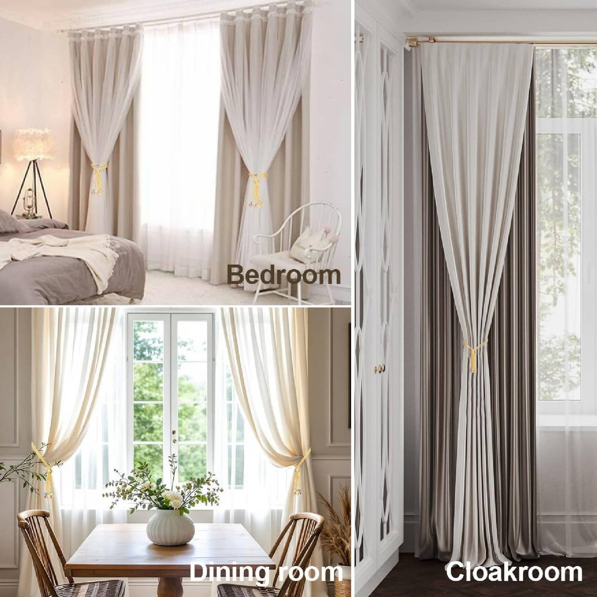 Gold crystal beaded magnetic curtain tiebacks holding sheer curtains