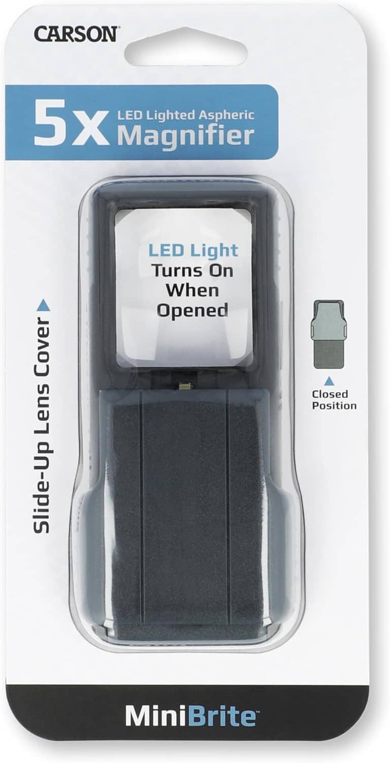 Gray 5x LED lighted aspheric magnifier in protective sleeve, lens cover closed