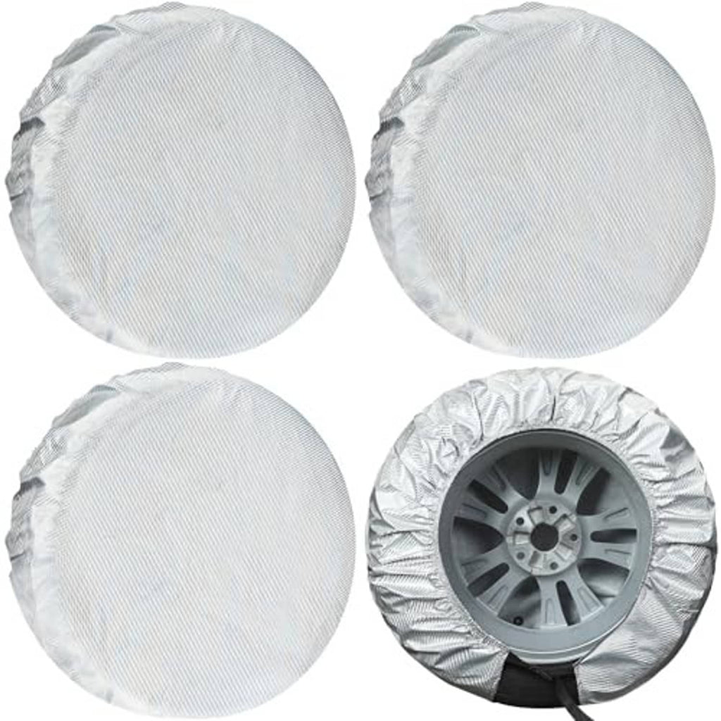 Silver tire wheel covers, 4-pack, three covers on display with one wheel cover
