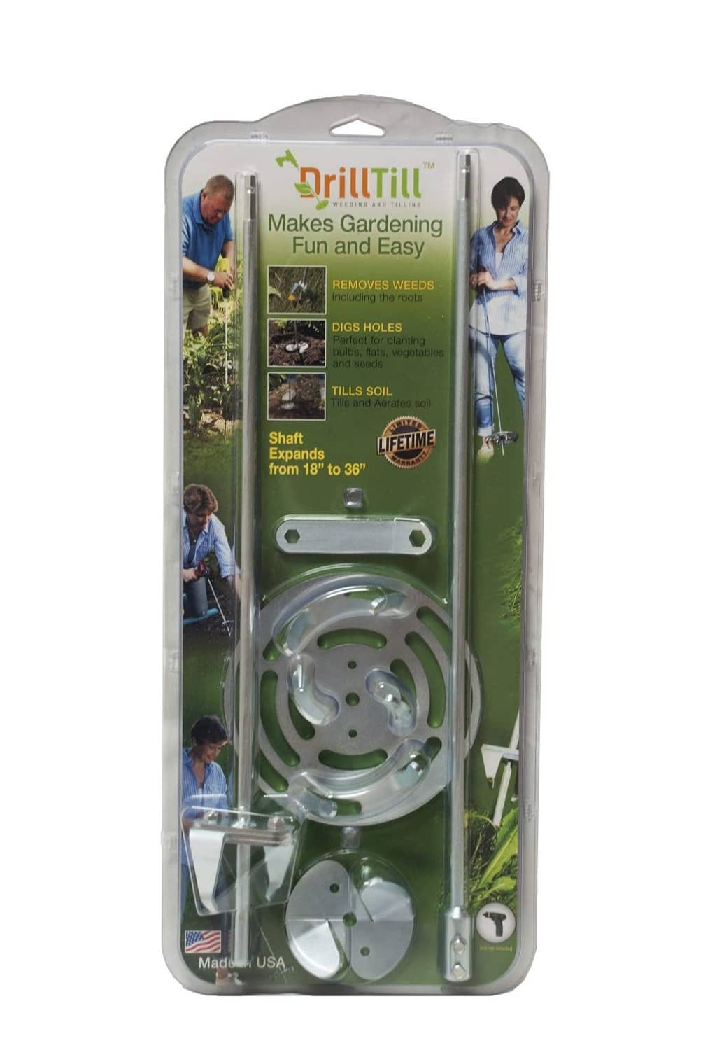 DrillTill 3-in-1 drill tiller kit packaging with accessories and product images