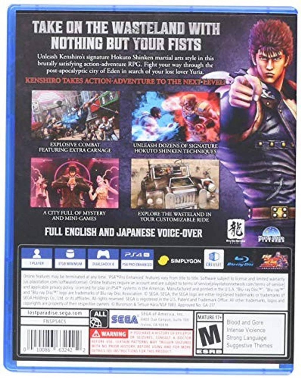 PS4 game case back with feature text blocks and fighting character portrait