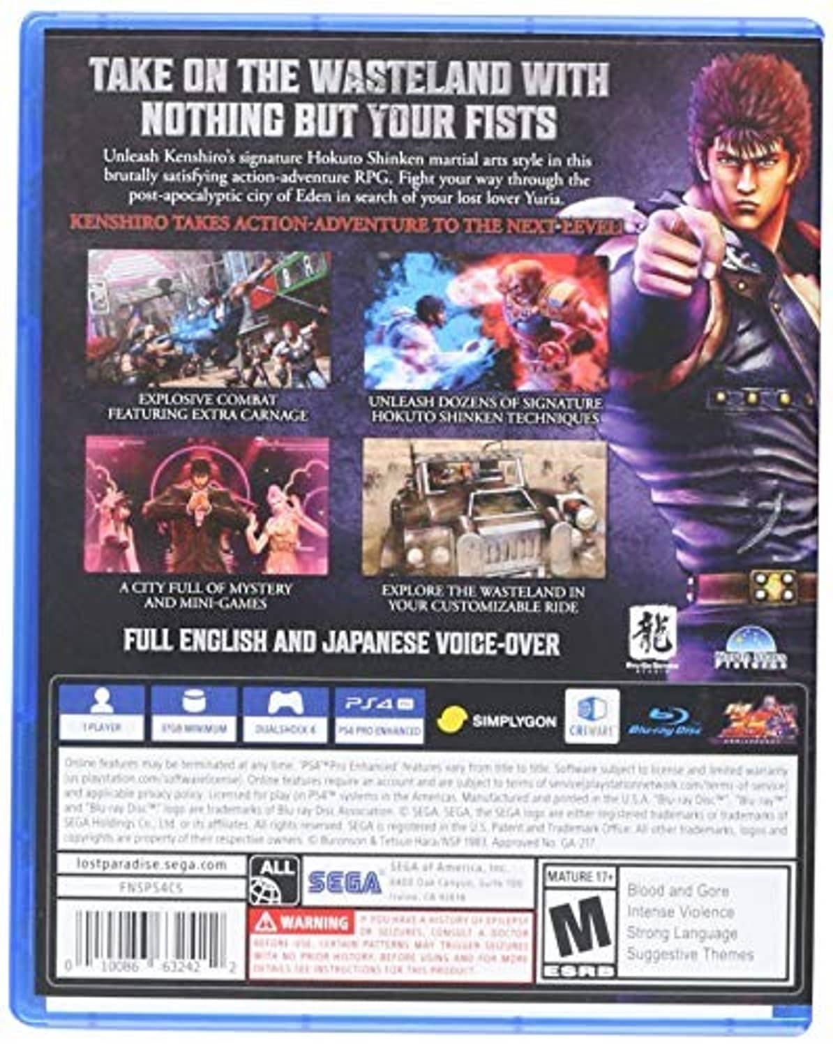 PS4 game case back with feature text blocks and fighting character portrait