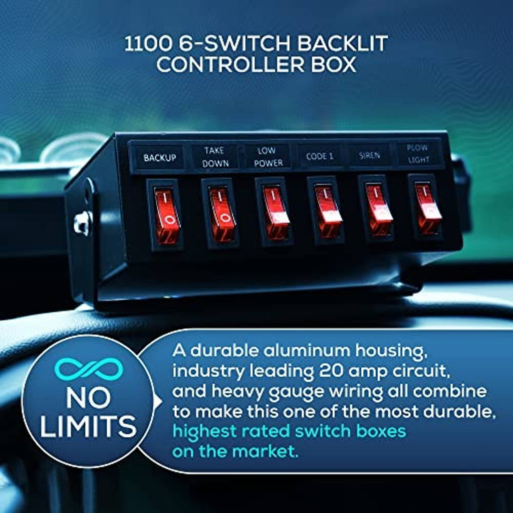 Backlit 6-switch controller box with black panel and red illuminated switch rockers