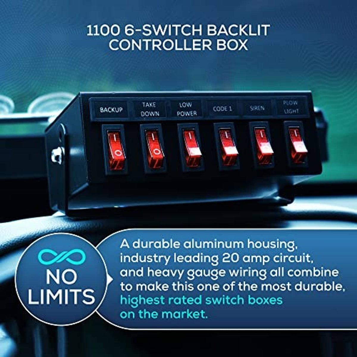 Backlit 6-switch controller box with black panel and red illuminated switch rockers