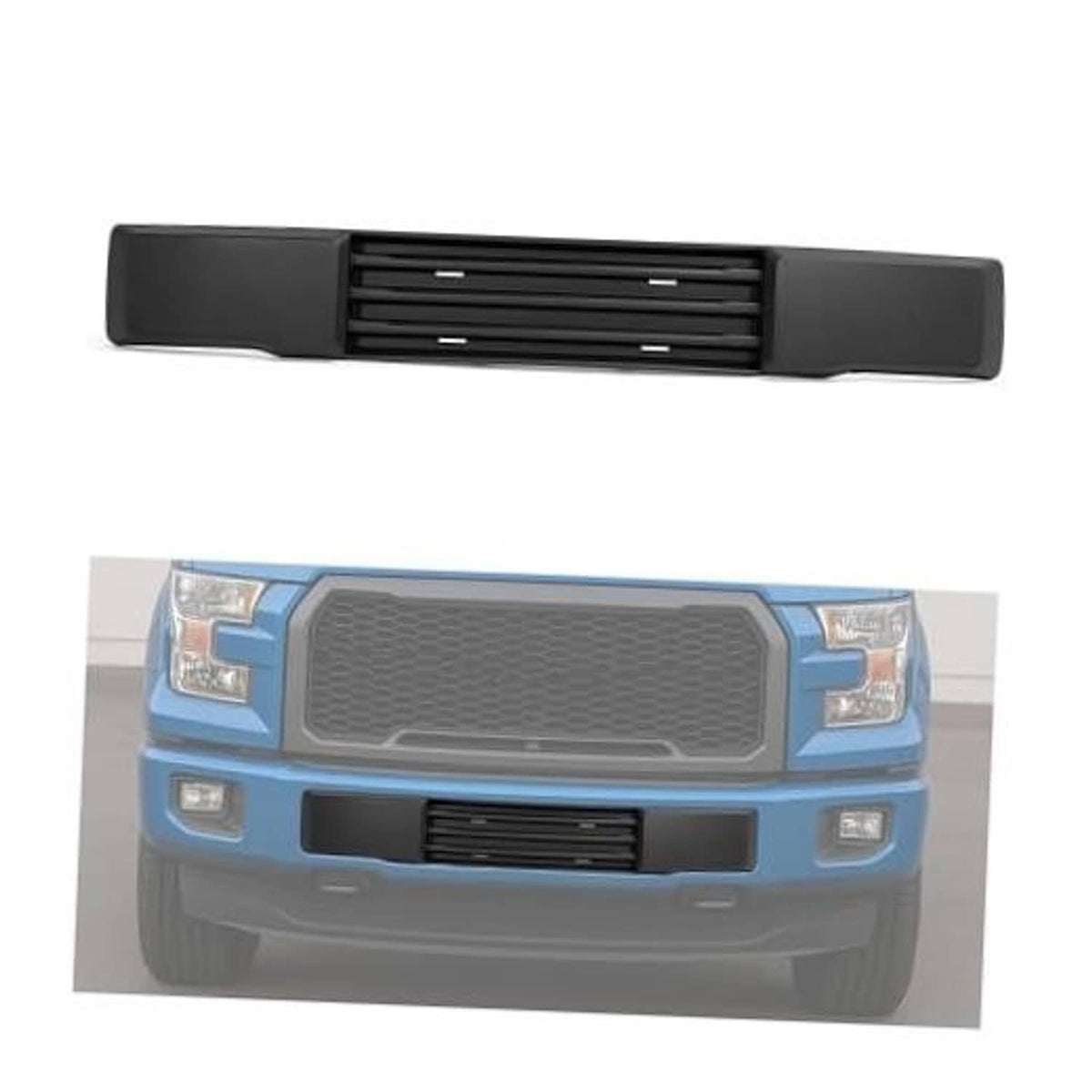 Black front grille insert with horizontal slats, shown on blue pickup front
