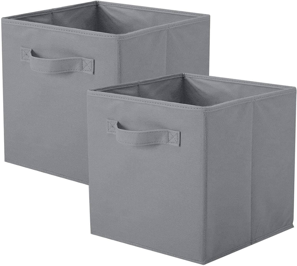 Gray foldable fabric storage cube with front handle, open top