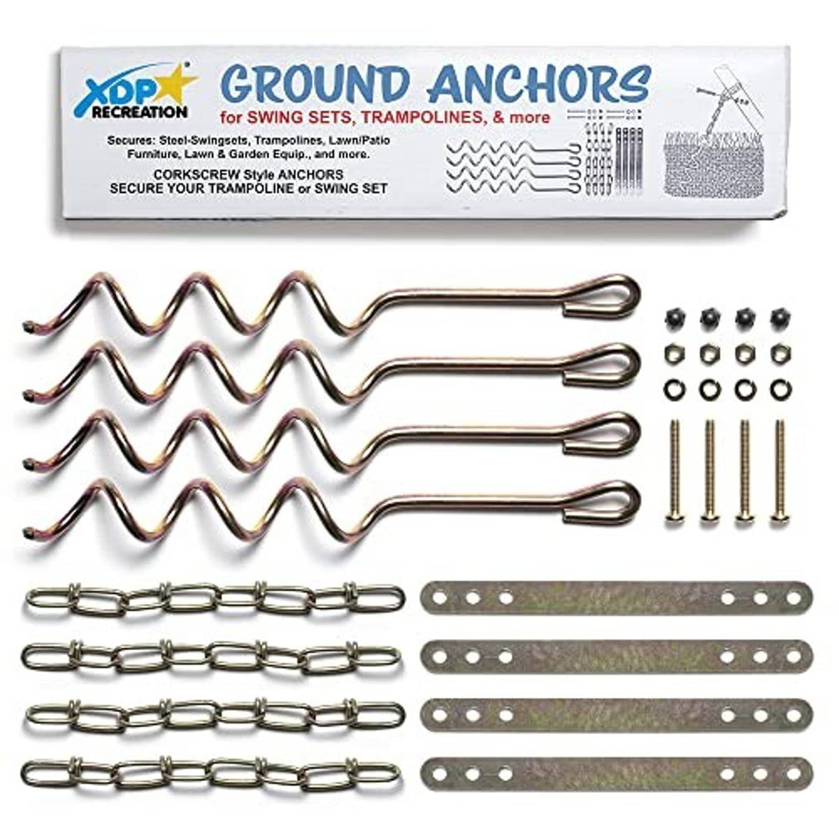 Ground anchors kit: spiral stakes, link chains, bolts, and washers