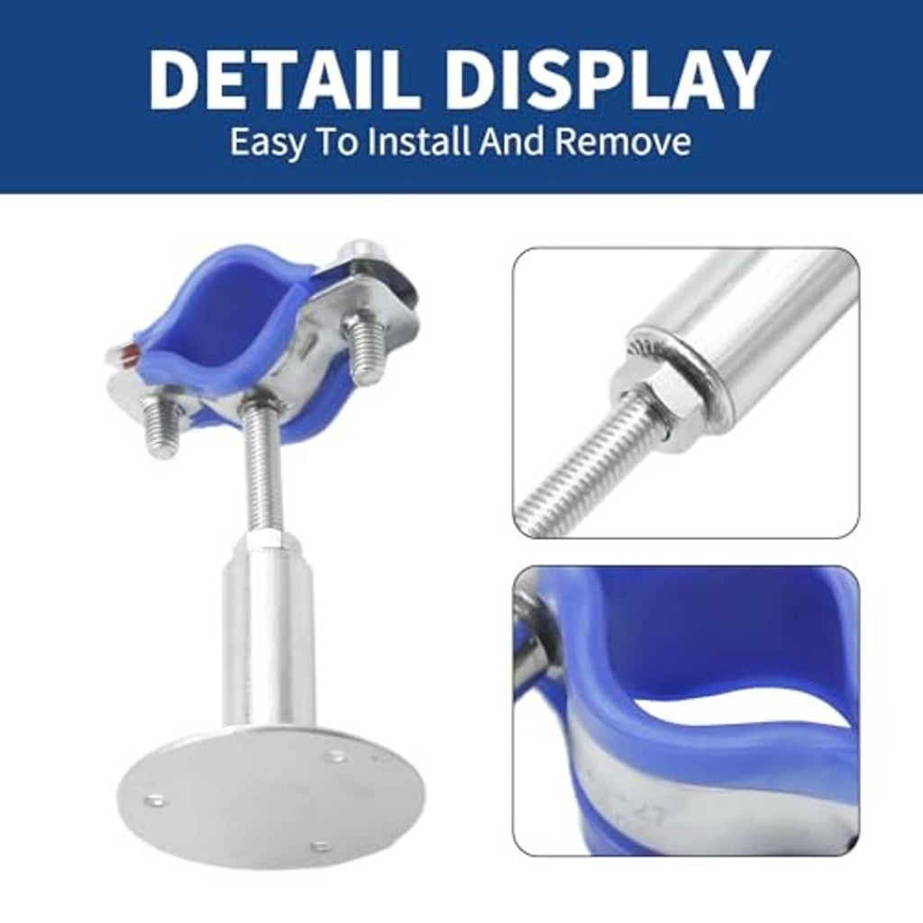 Blue pipe support clamp detail with threaded rod connection and round base plate