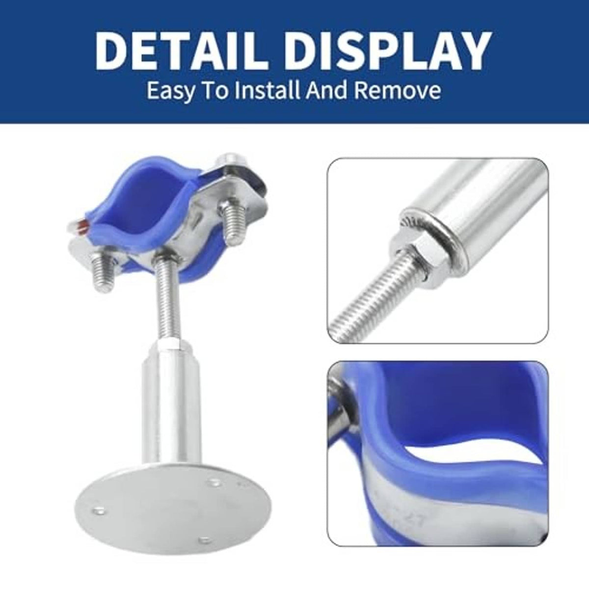 Blue pipe support clamp detail with threaded rod connection and round base plate