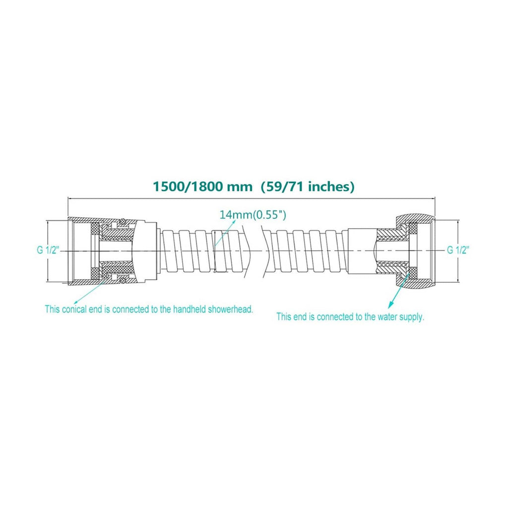 59 in shower hose length diagram with threaded end fittings