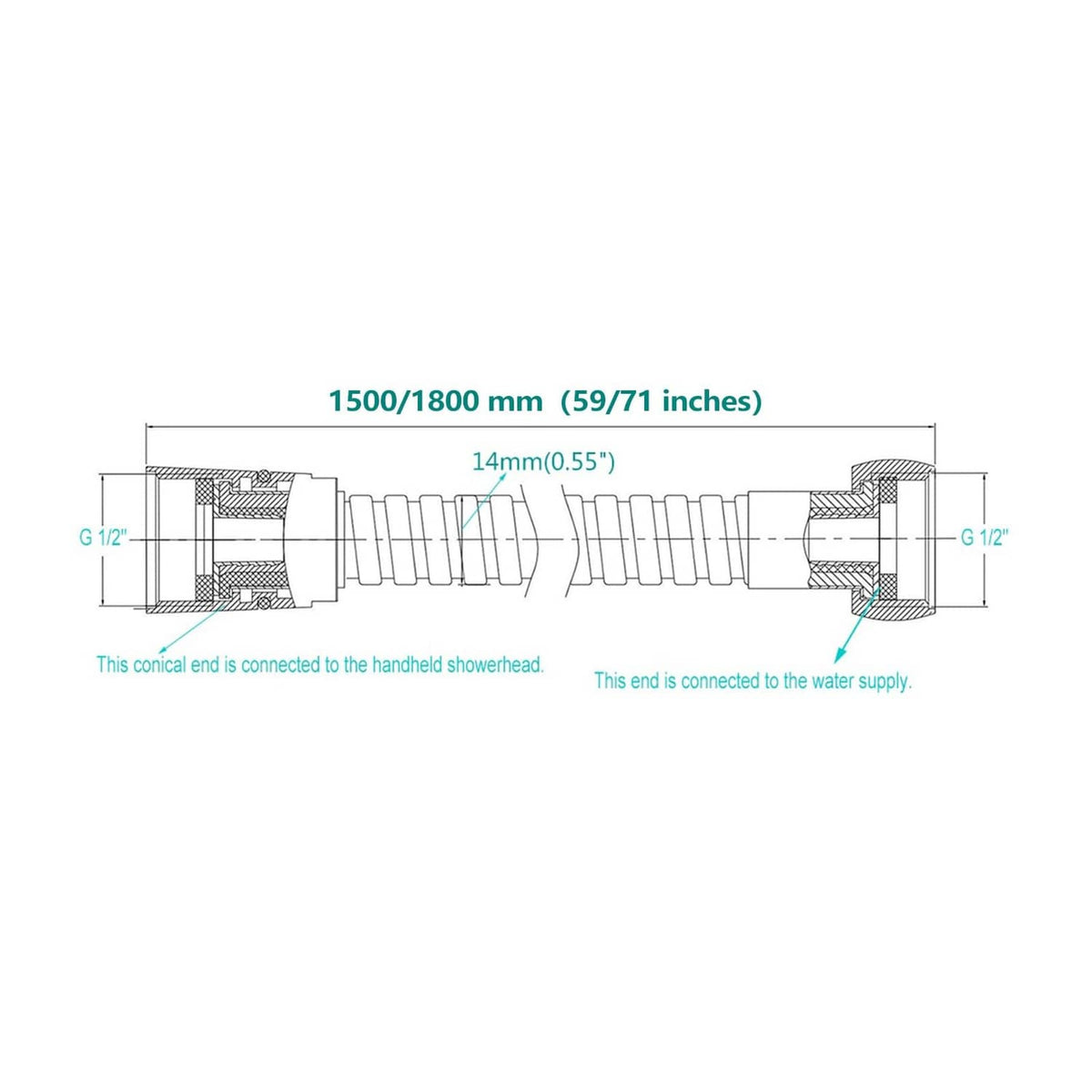 59 in shower hose length diagram with threaded end fittings