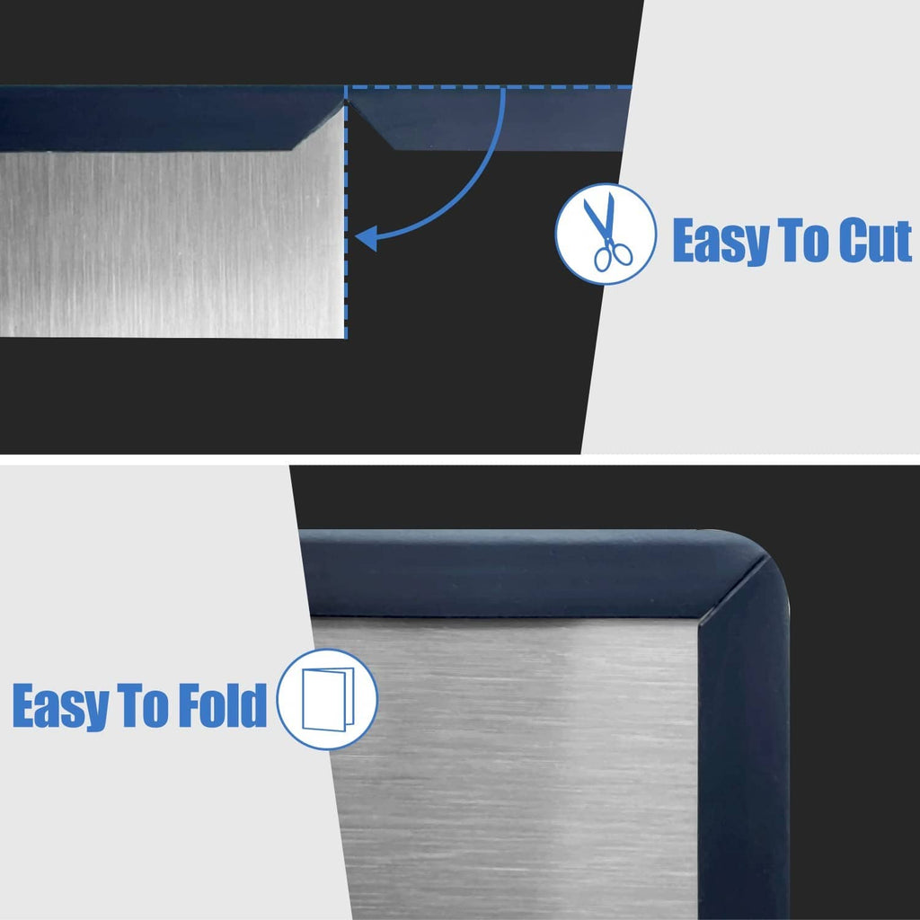 Installed black rubber edge trim with rounded corner cap along a brushed metal surface