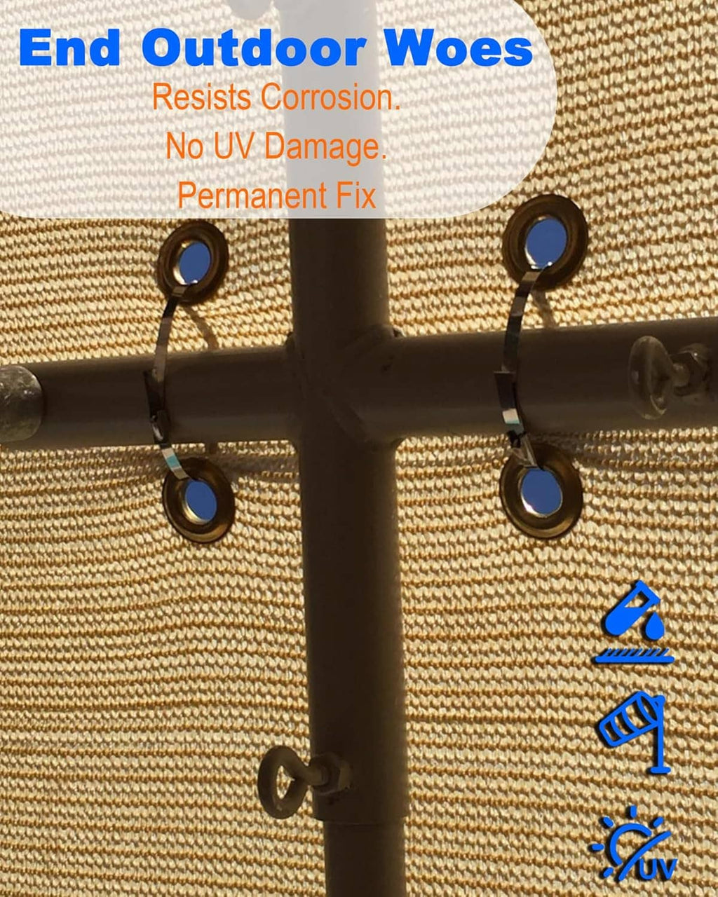 Metal zip ties mounted on outdoor fabric or mesh, each secured with a locking head