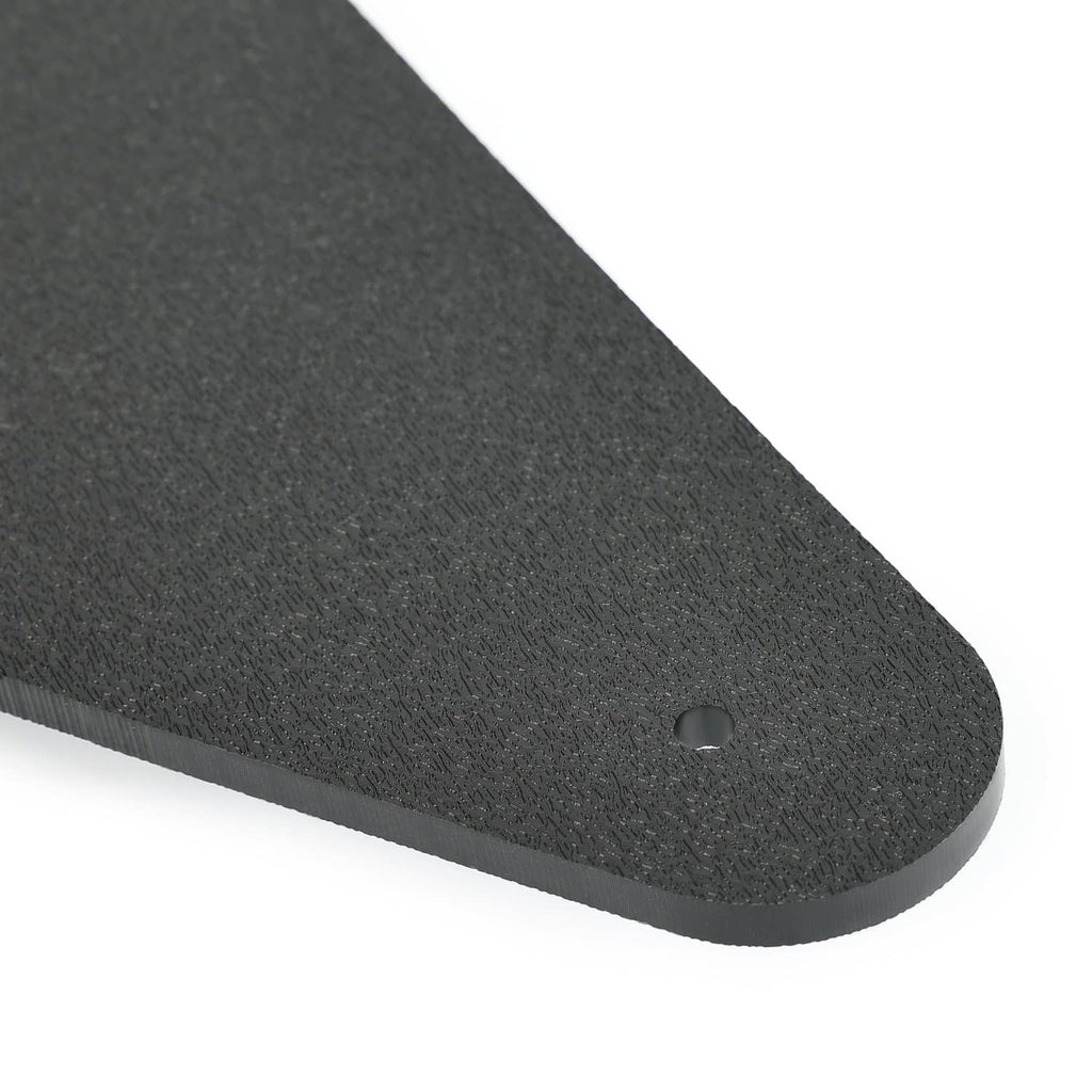 Close-up of black rudder blade edge with mounting hole