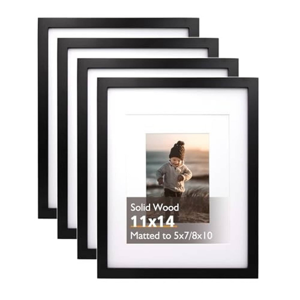 Black solid wood picture frame with clear acrylic cover and white mat for 11x14 photos