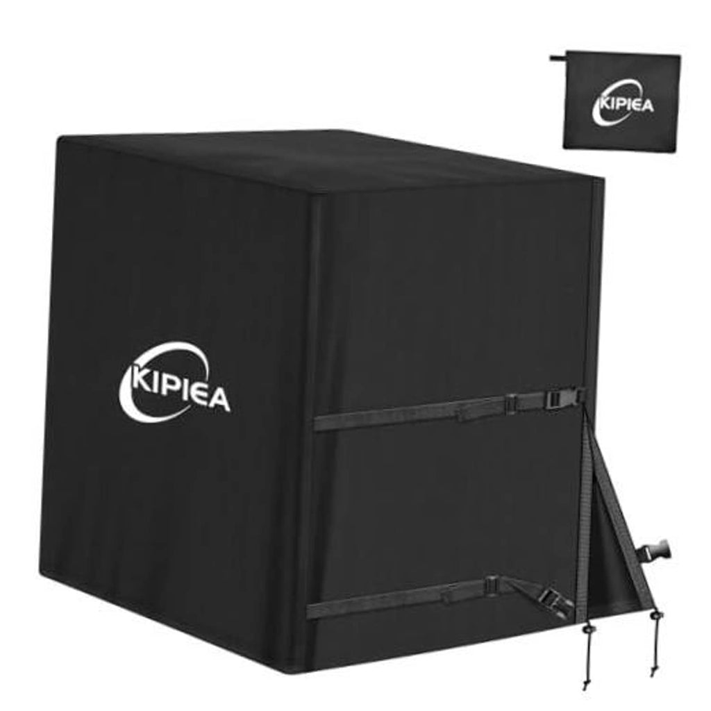Black air conditioner outdoor unit cover with KIPIEA logo, buckle straps and tie cords