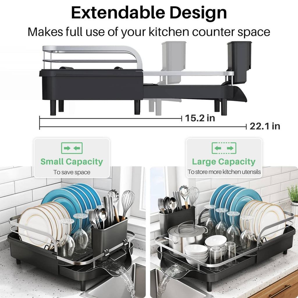 Expandable black dish drying rack with extendable frame and sink-side drain support
