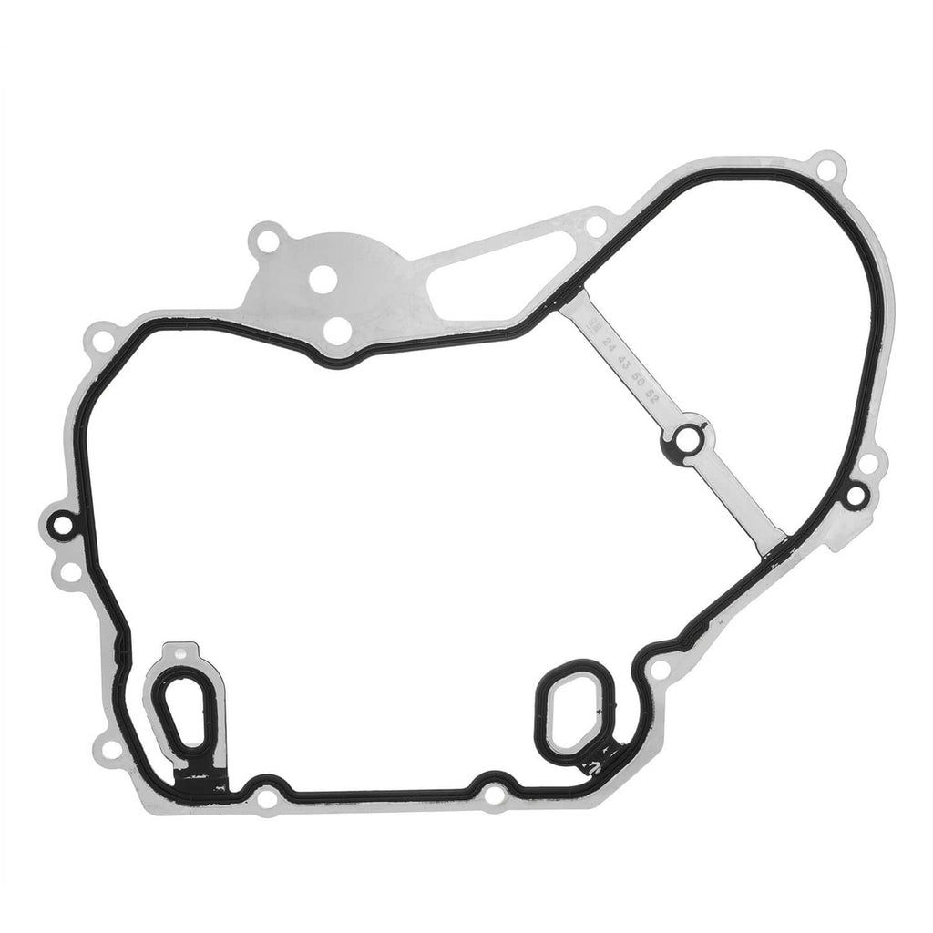 Engine gasket with black seal outline and silver metal mounting holes