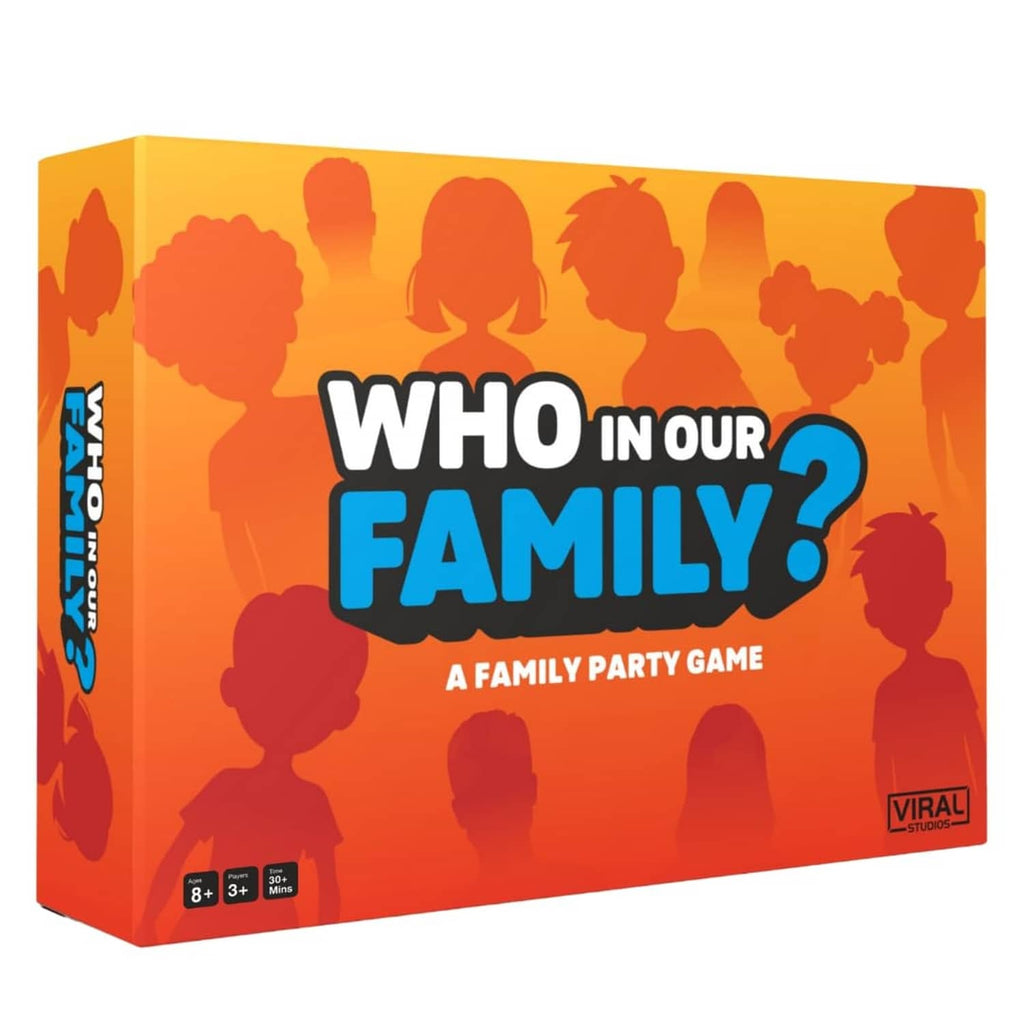 Who in Our Family? card game box, orange with family silhouettes and bold title