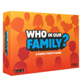 Who in Our Family? card game box, orange with family silhouettes and bold title
