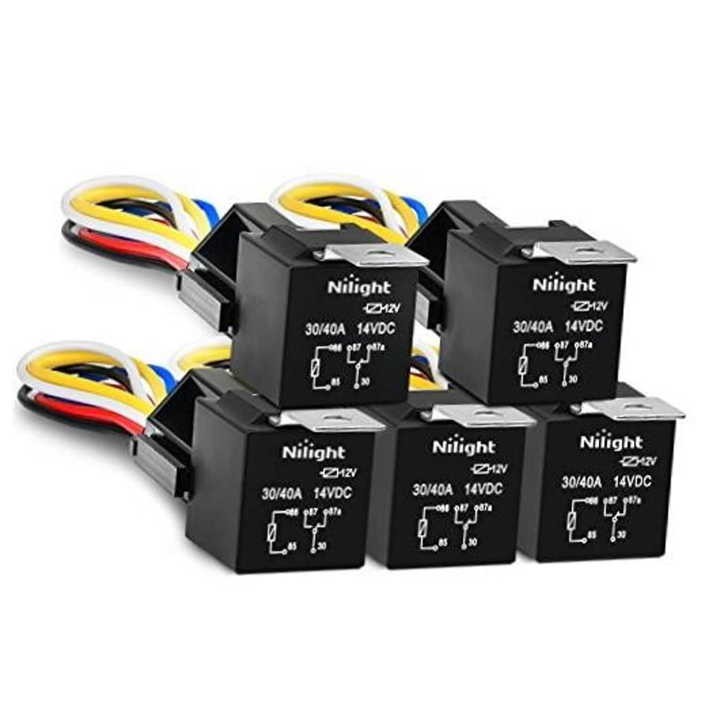Niiight 5-pin automotive relay set with black relays and wire harness plugs, 12V