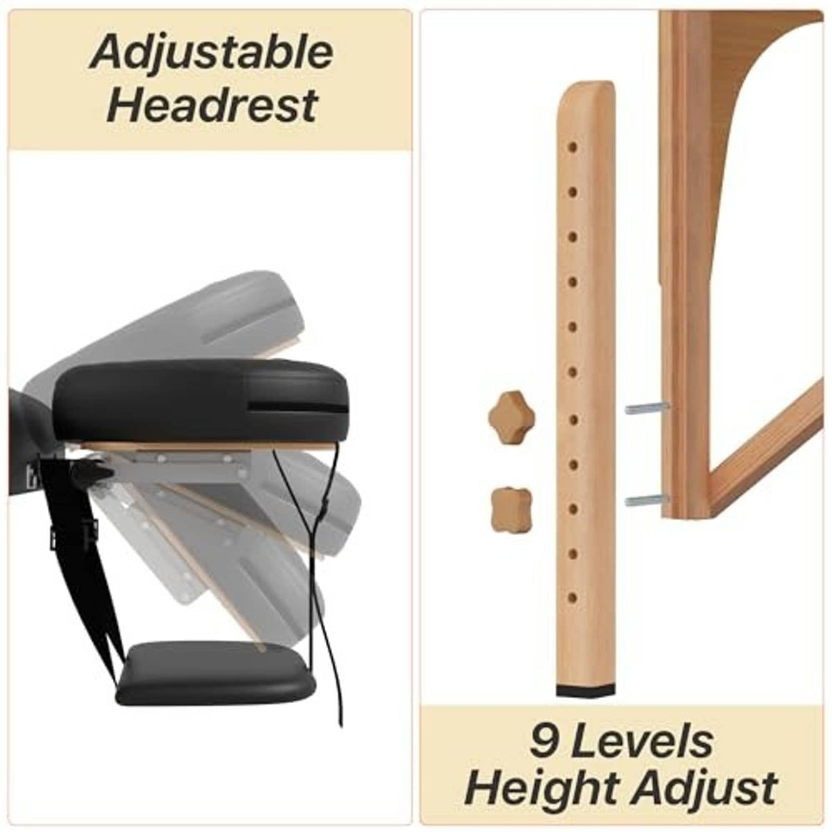 Adjustable headrest massage table with black cushion on wooden frame and height holes