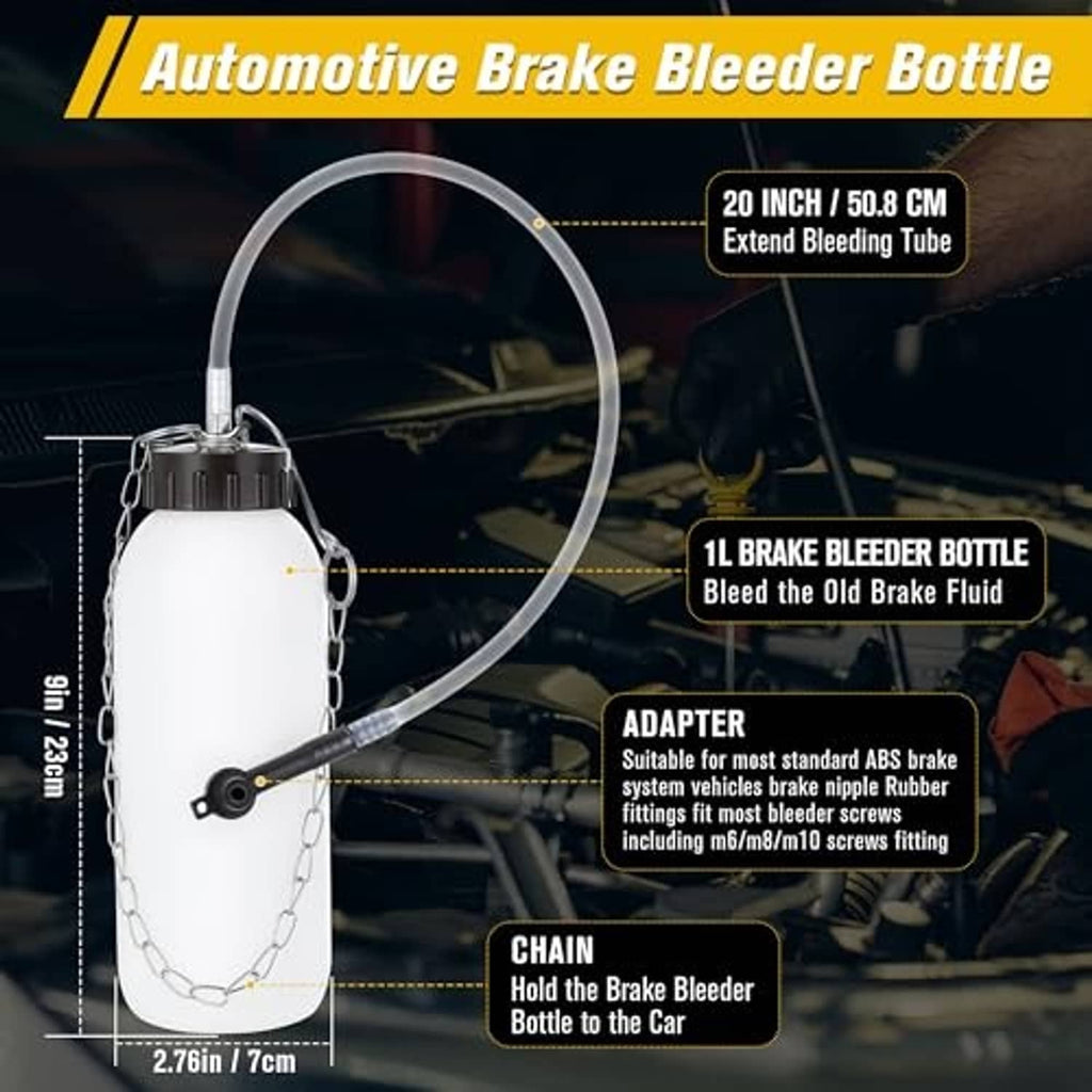 Automotive brake bleeder bottle with cap, chain, and extended clear bleeding tube