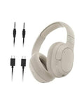 Cream over-ear ANC headphones with detachable audio cables and dual 3.5mm plugs