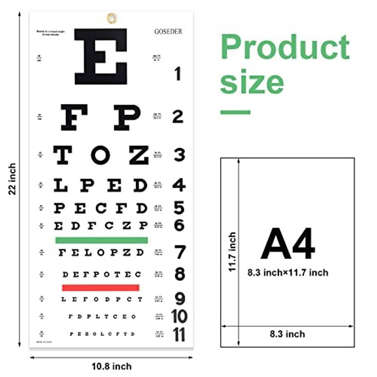 Snellen eye chart sheet with letters and numbers 1 to 11 plus A4 size outline