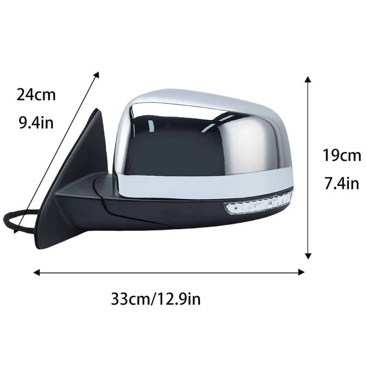 Driver-side mirror with black housing and silver reflective glass