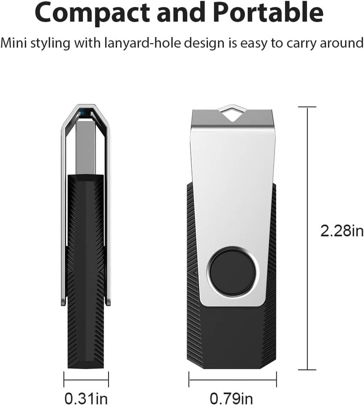 Compact USB flash drive with lanyard hole, shown front and side, black with gray casing