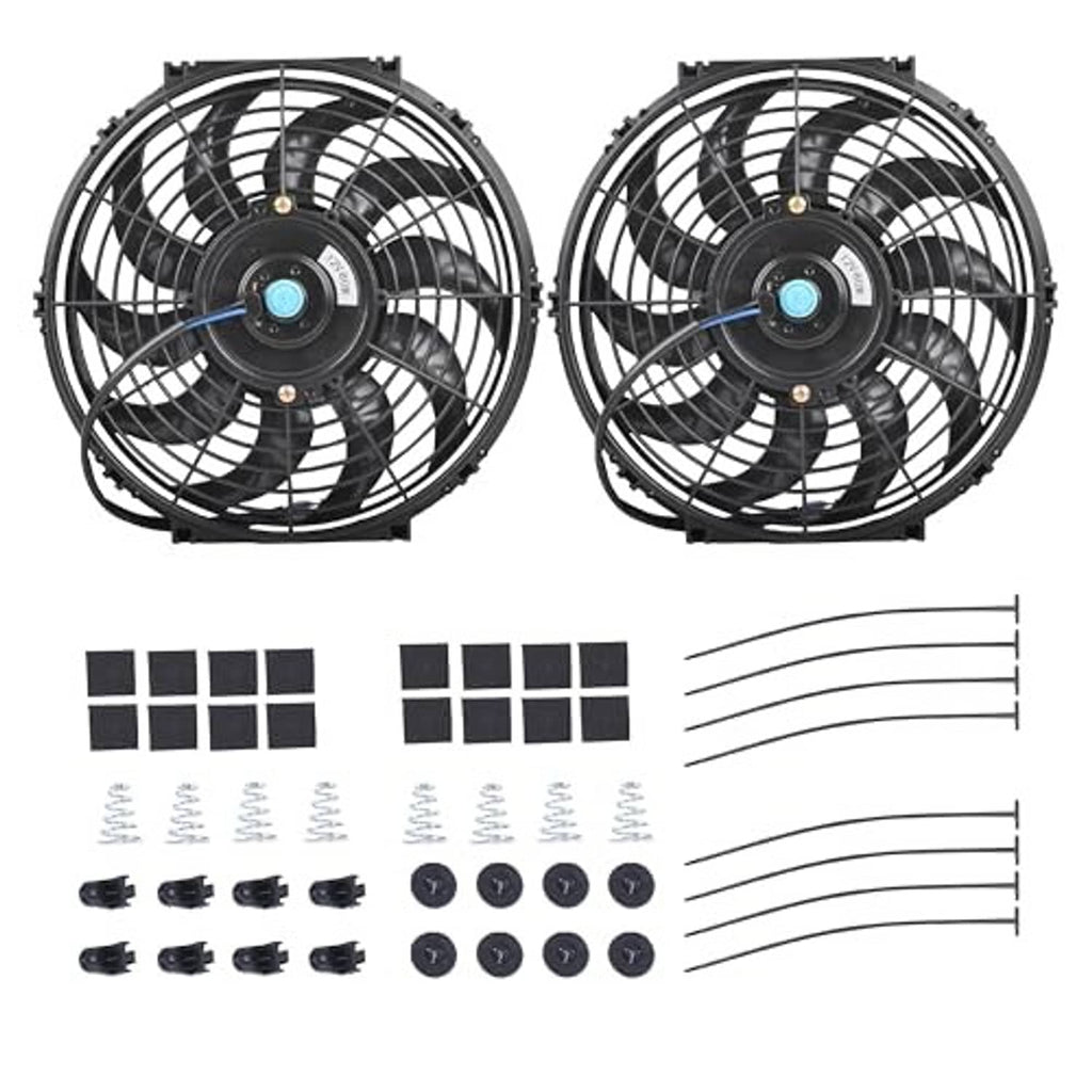 Universal 12-inch radiator cooling fan kit with black twin fans, blue centers, and hardware