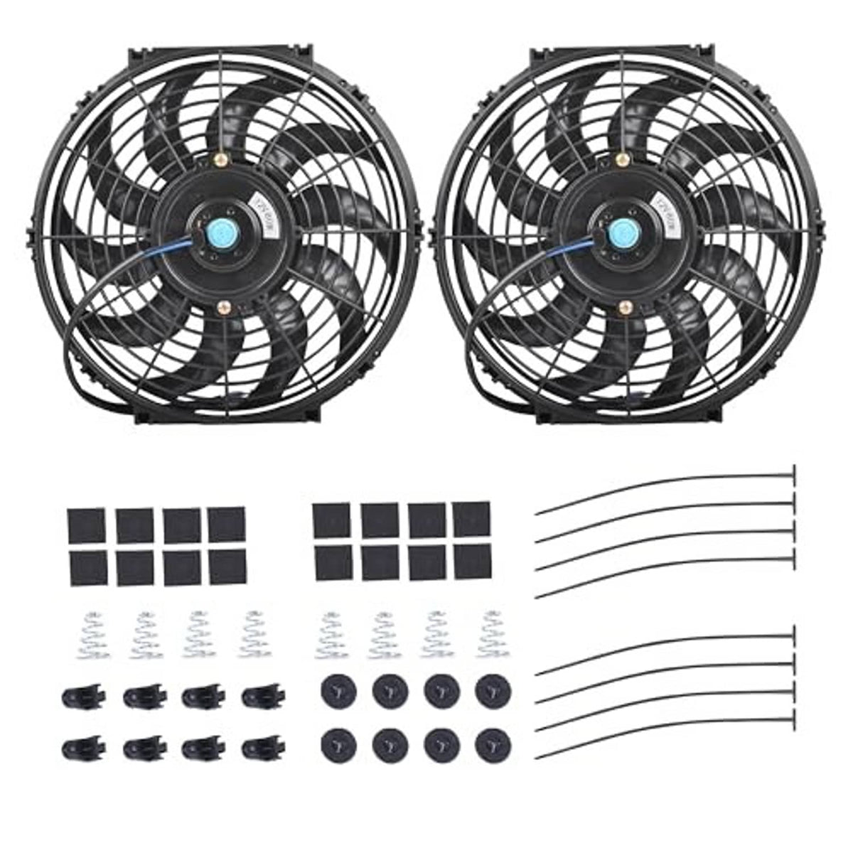 Universal 12-inch radiator cooling fan kit with black twin fans, blue centers, and hardware
