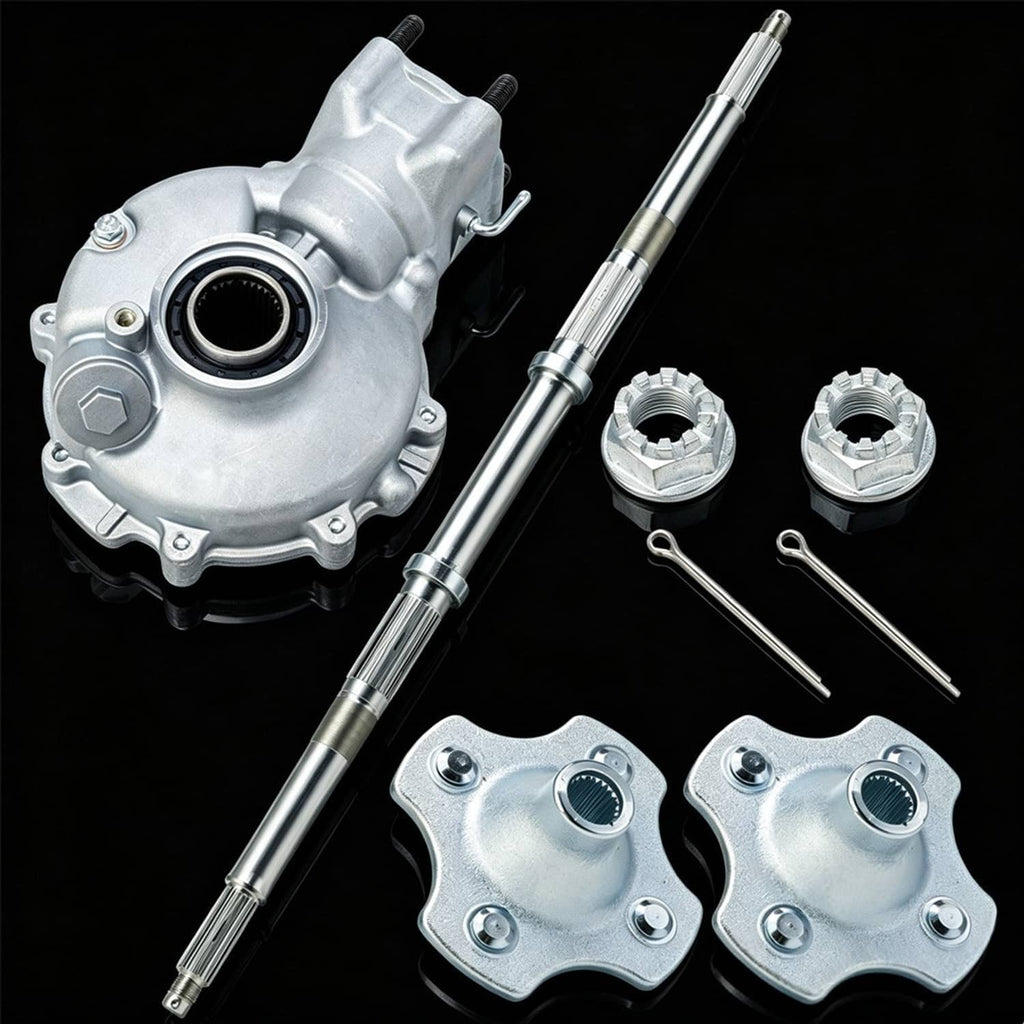 Rear axle differential kit with silver wheel hubs, axle shafts, and mounting hardware