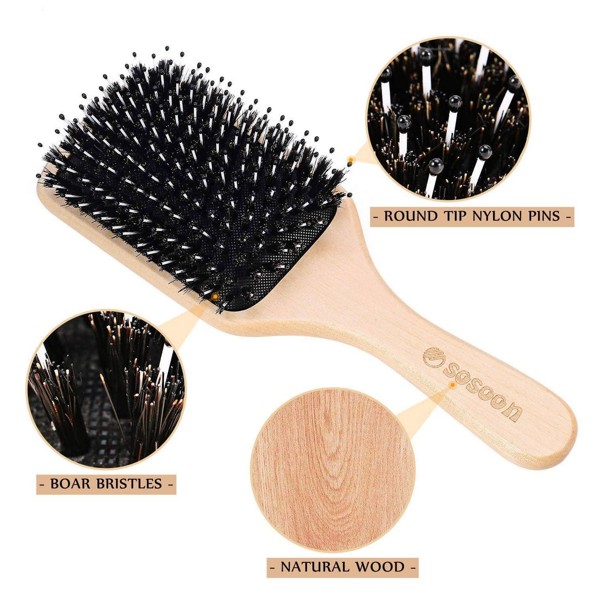 Medium wooden paddle hairbrush with black boar bristles and round tip pins