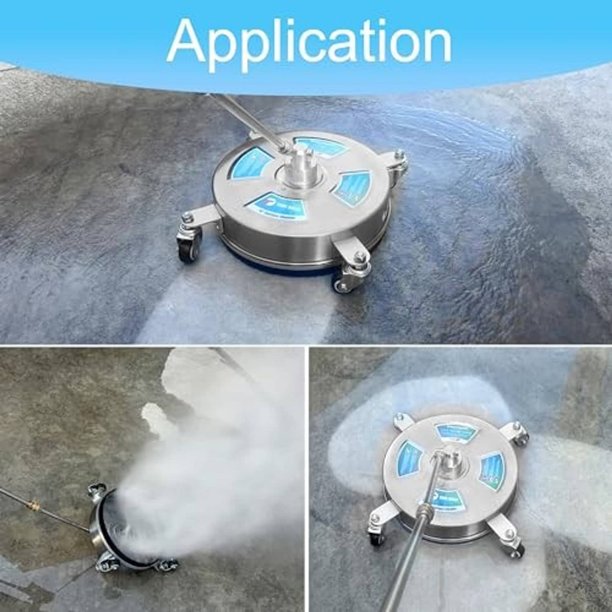 Stainless surface cleaner on concrete with caster wheels and rotating spray head