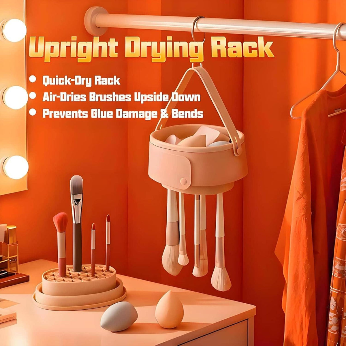 Foldable silicone brush cleaner and drying rack with hanging slots, beige/pink