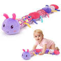 Purple musical plush caterpillar toy with smiling face, crinkle and rattle details