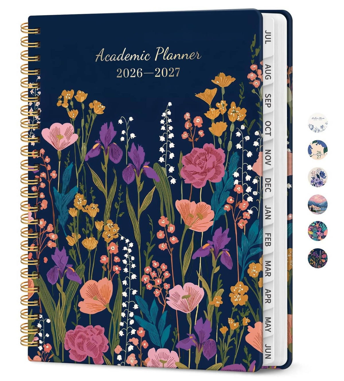 Academic planner, navy floral cover with twin-wire binding and month tabs on spine