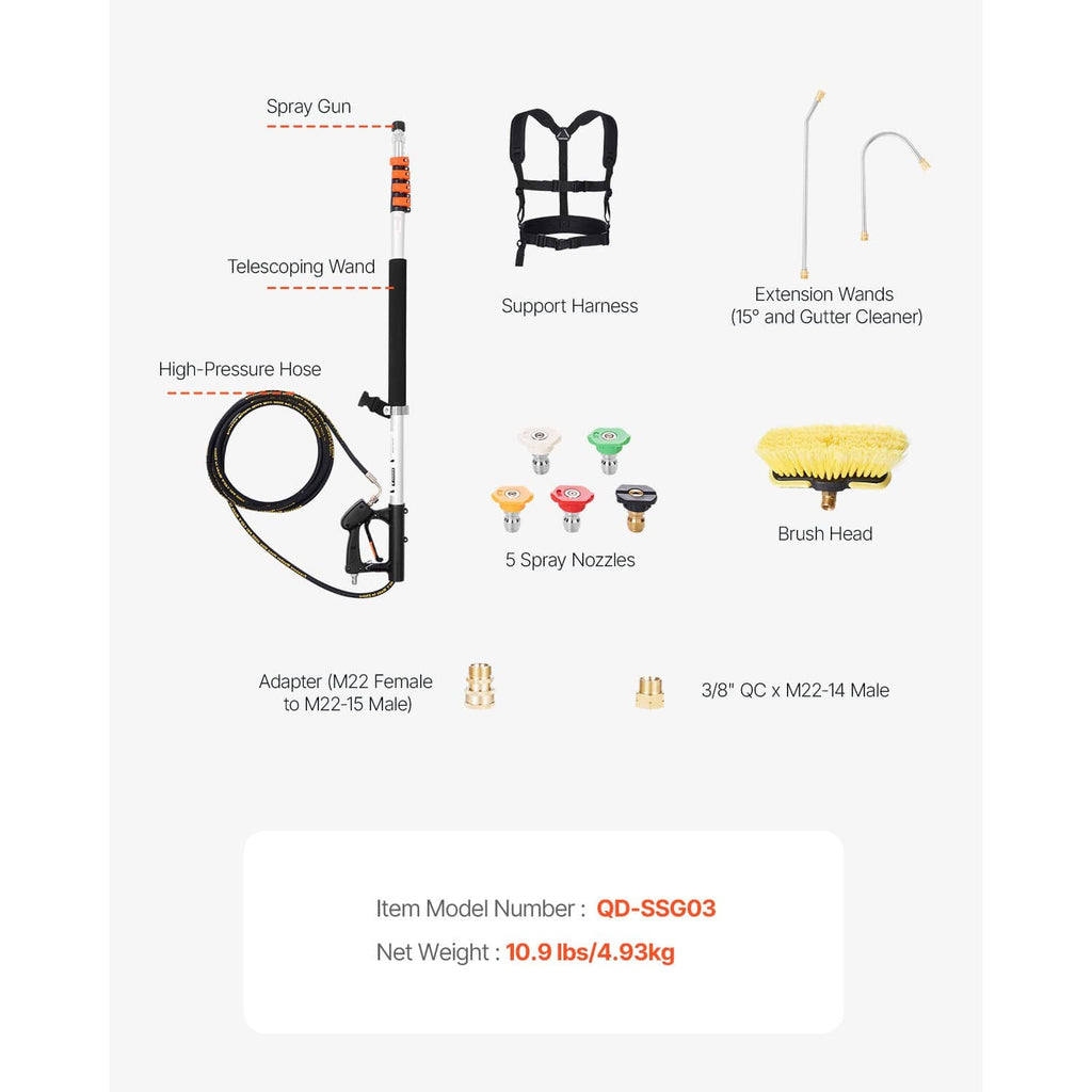 Pressure washer wand kit with spray gun, high-pressure hose, harness, nozzles, and brush head