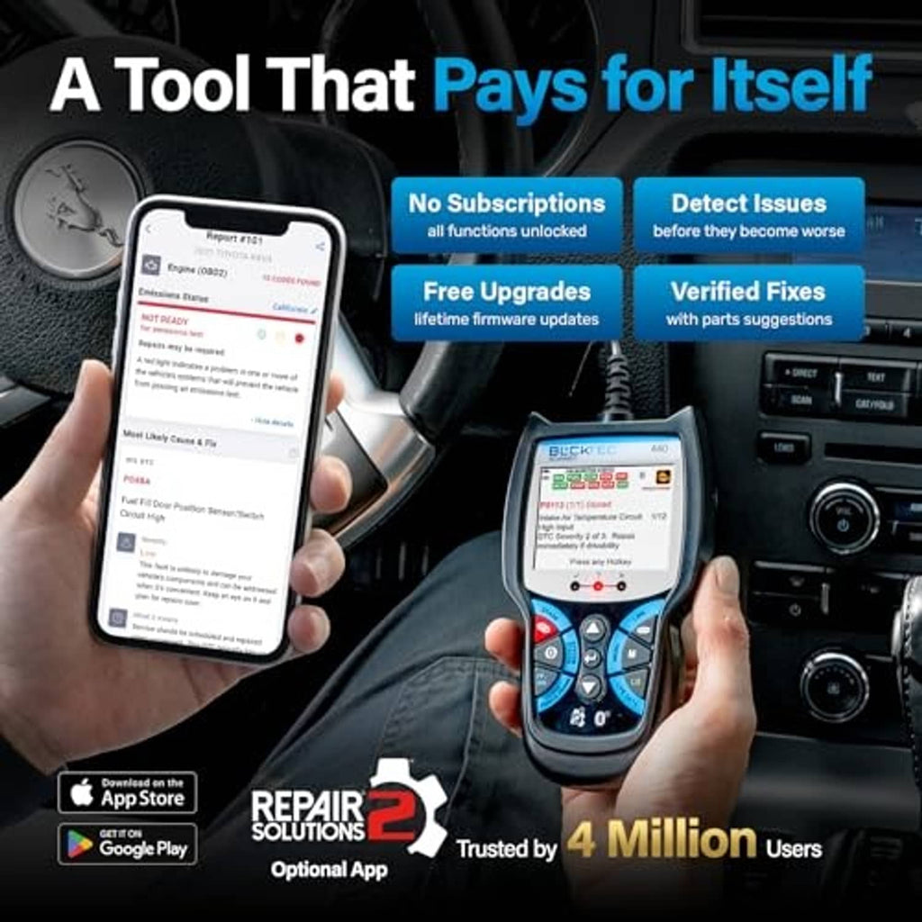 Smartphone app screen beside handheld OBD2 scanner showing diagnostic details