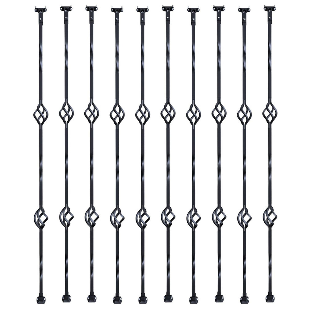 Matte black steel stair railing balusters, 10-pack, double-basket scroll loop detail