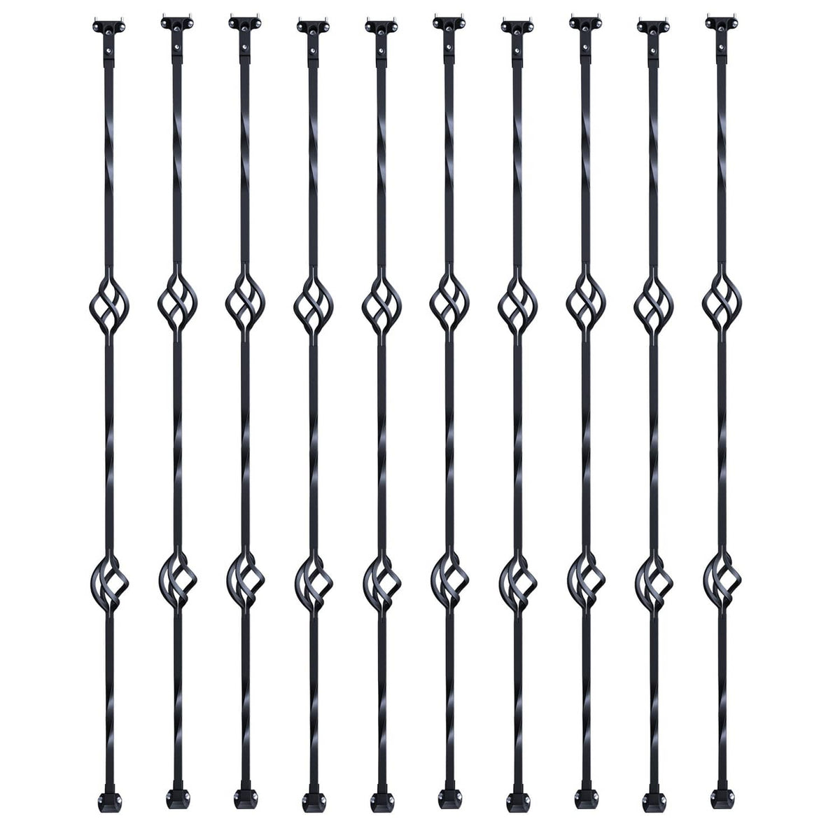 Matte black steel stair railing balusters, 10-pack, double-basket scroll loop detail