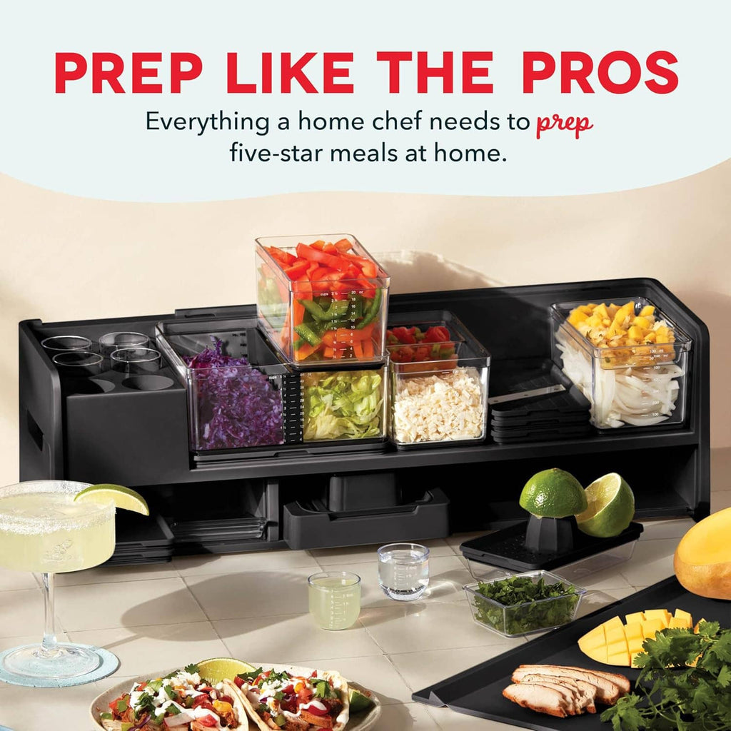 Black multi-compartment prep station with clear containers and stacked food bins