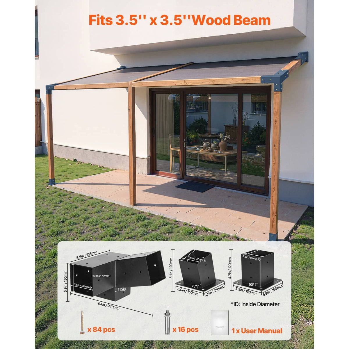 Black steel 3-way slanted bracket kit pieces with mounting hardware and instruction sheet