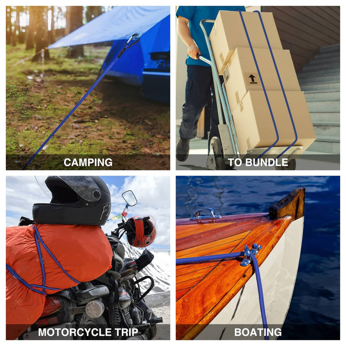 Blue bungee cord securing gear in camping, bundling, motorcycle trip, and boating collage