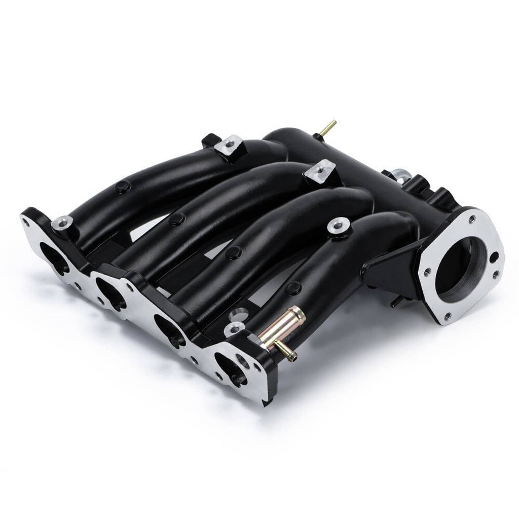 Black D-series intake manifold with silver mounting flange and bolt holes