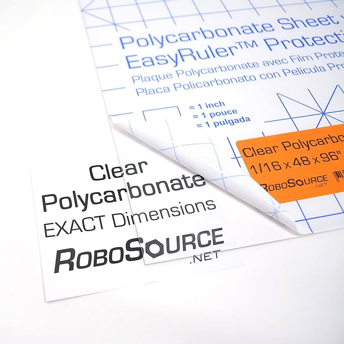 Clear polycarbonate sheet with printed dimension callout and orange size label